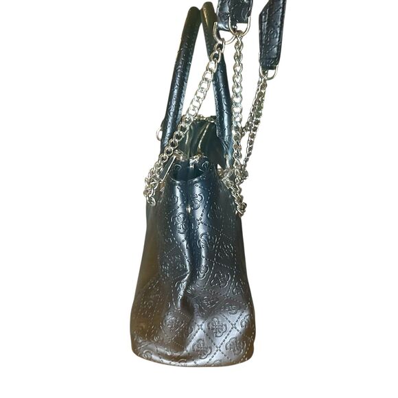 GUESS Holly Status Carryall Black Purse Handbag Silver Chain Clutch Handle - Picture 2 of 7